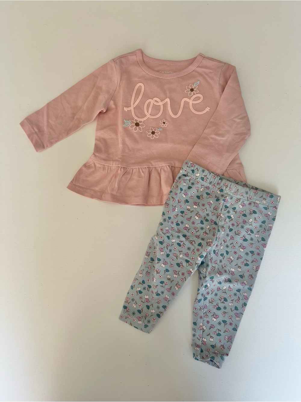 Carter's Pink 'Love' Peplum Top with Light Blue Floral Leggings Set